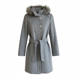 Calvin Klein Heather Gray Wool Blend Belted Coat Faux Fur Hood Clasp Size 8
